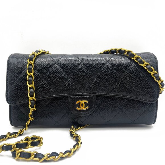 CHANEL CC Classic Caviar Flap Wallet Quilted Leather Chain Purse Black - Picture 1 of 15
